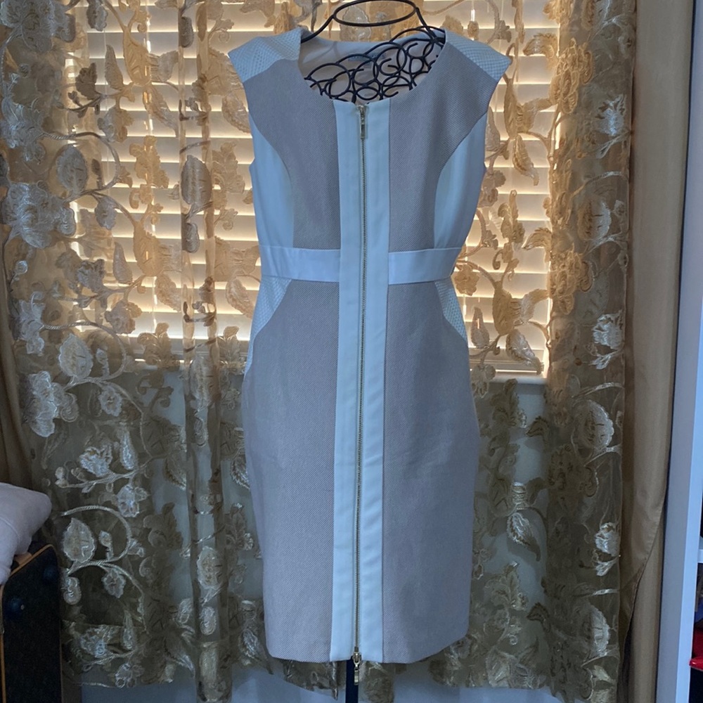 Sandra Darren Women's Sleeveless Mixed Media Sheath Dress with Front Zipper.